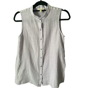 Eileen Fisher Lavender Linen Sleeveless Mandarin Collar Blouse